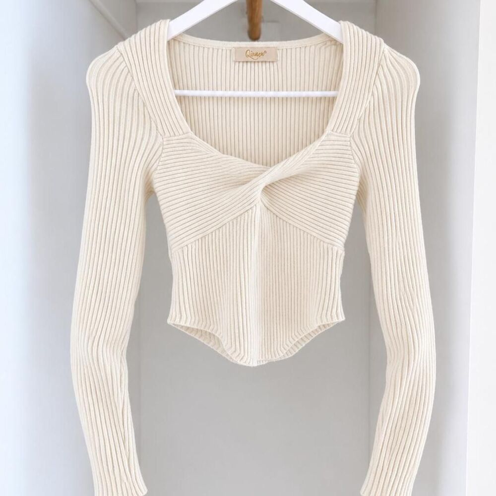 Women's Cream and White Crop-top